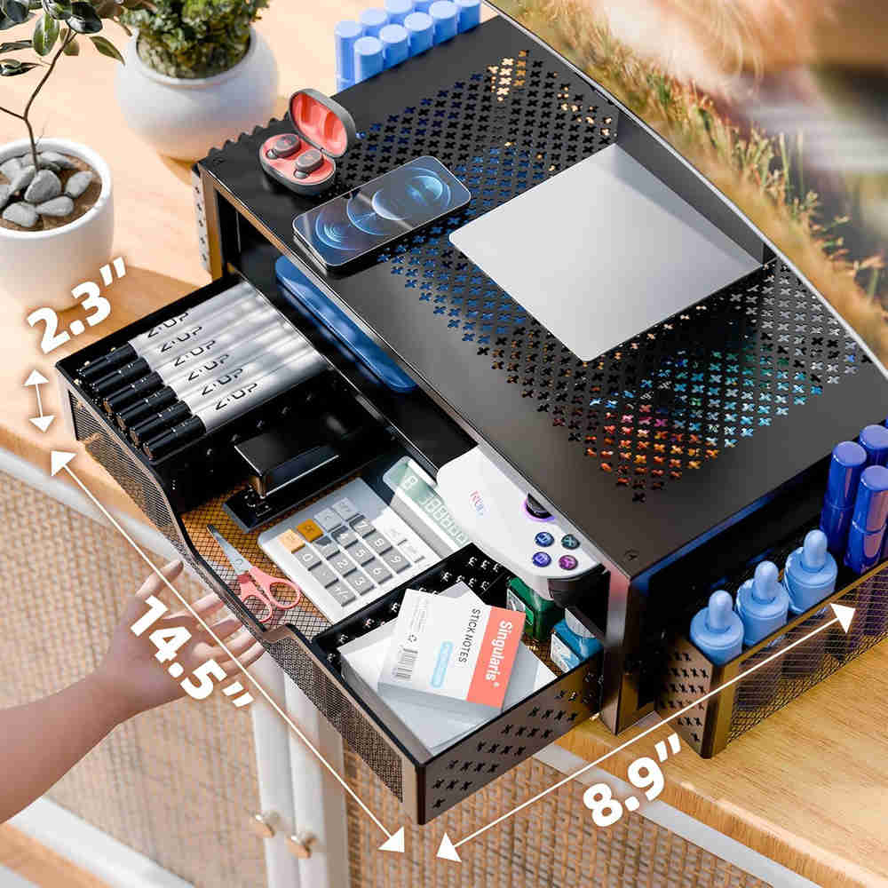 2 Tier Metal Monitor Stand with Drawer - Desk Organizer