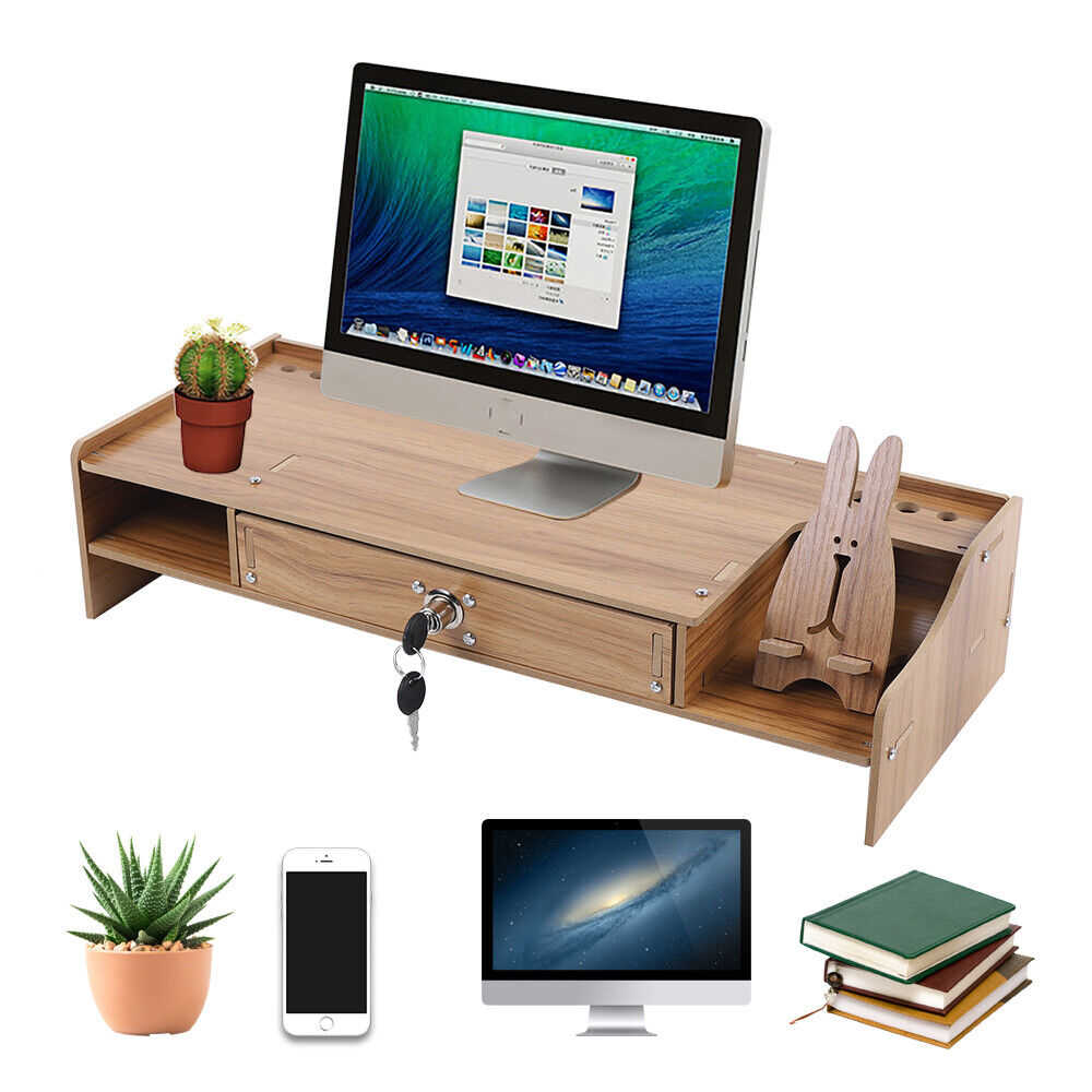 Elevated Wood Monitor Riser with Drawer for Enhanced Desk Organization