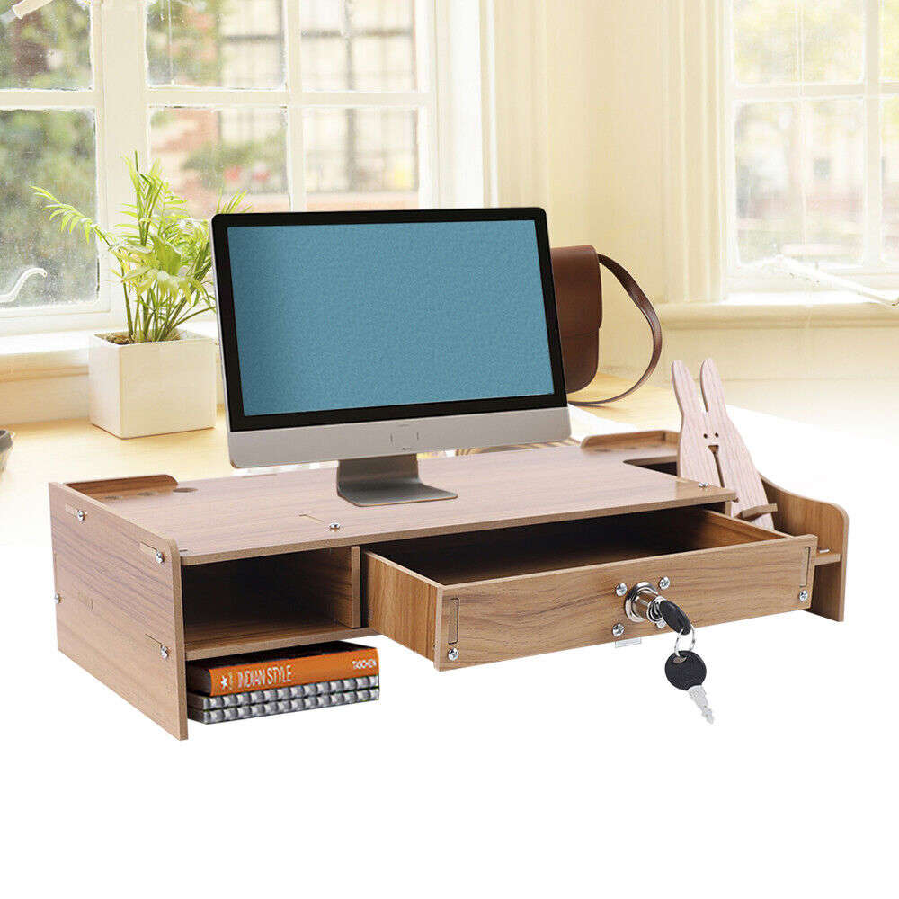 Elevated Wood Monitor Riser with Drawer for Enhanced Desk Organization