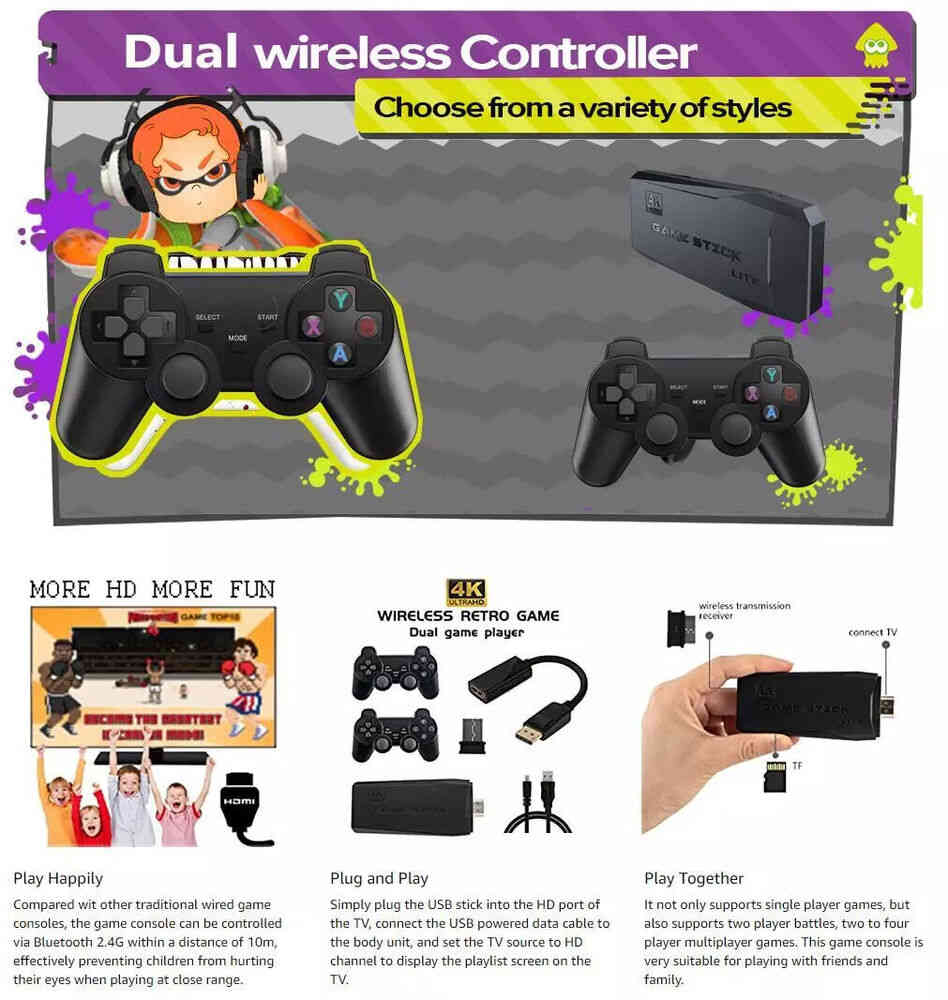 4K HDMI TV Game Stick with 64GB Storage and Wireless Gamepad