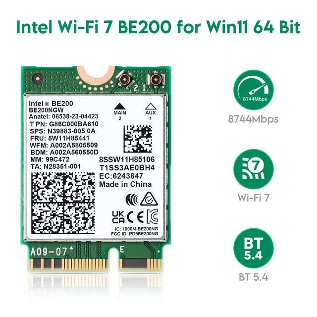 Intel WiFi 7 BE200NGW M.2 NGFF Wireless Card with 802.11be and Bluetooth