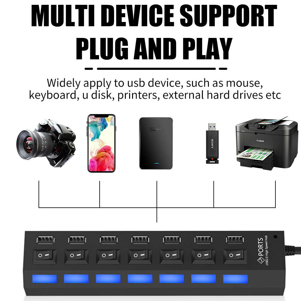 7 Port USB 2.0 Hub Splitter Adapter - High Speed Connectivity