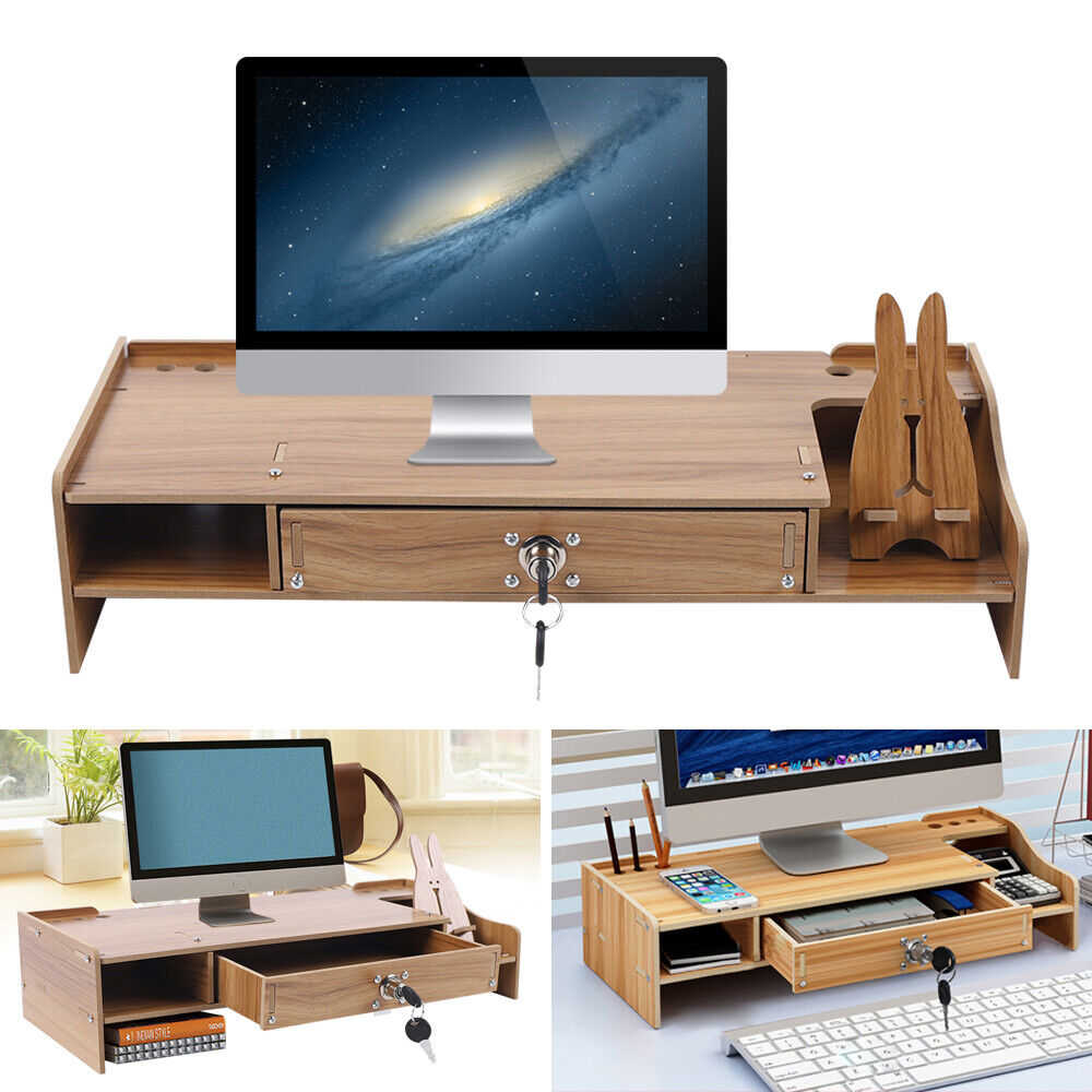 Elevated Wood Monitor Riser with Drawer for Enhanced Desk Organization
