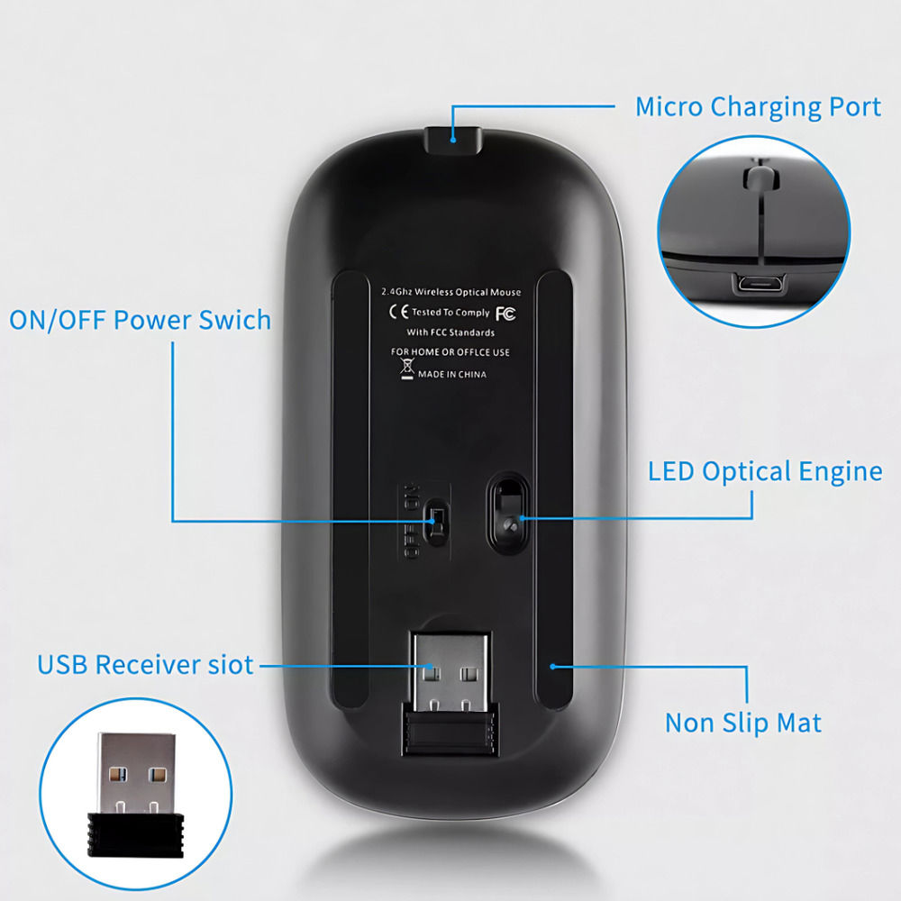 2.4GHz Wireless Optical Mouse with USB Rechargeable and RGB for PC and Laptop