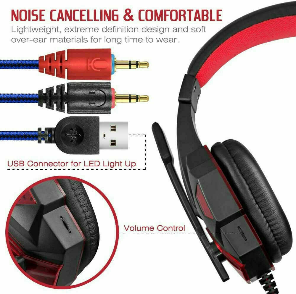 3.5mm Gaming Headset with Mic, LED Light, Stereo Bass Surround for PC, PS4, Xbox One