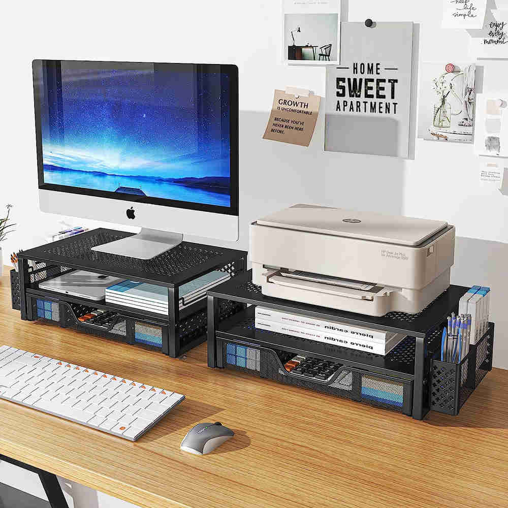 2 Tier Metal Monitor Stand with Drawer - Desk Organizer
