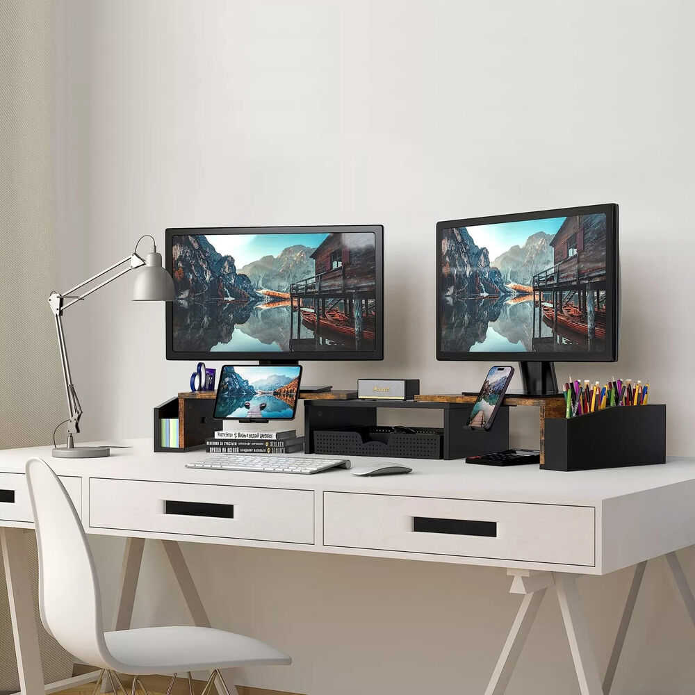 Rustic Brown Desk Dual Monitor Stand Riser with Drawer