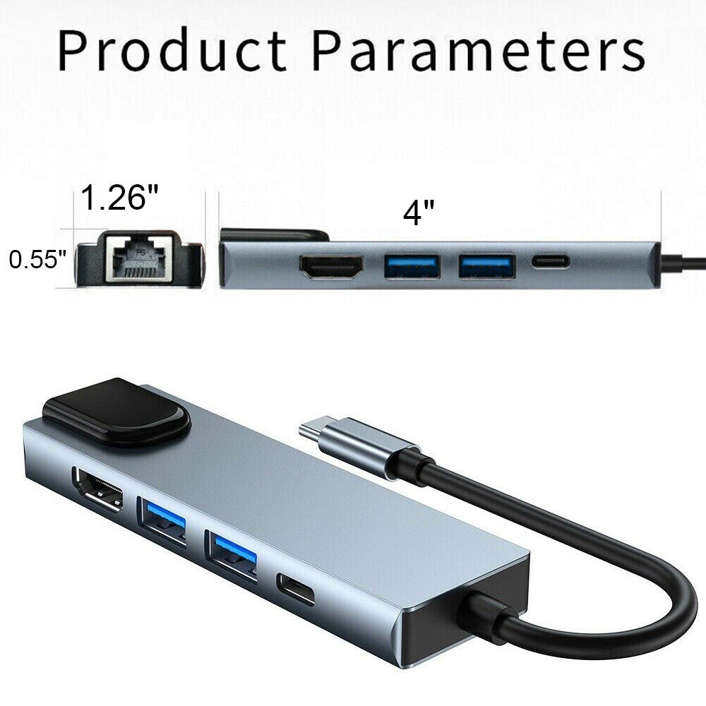 5 in 1 USB C Hub Adapter with RJ45 Ethernet for Macbook