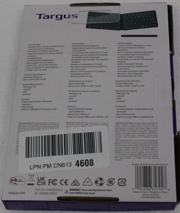 Targus Wireless Folding Keyboard with Bluetooth and Antimicrobial Protection
