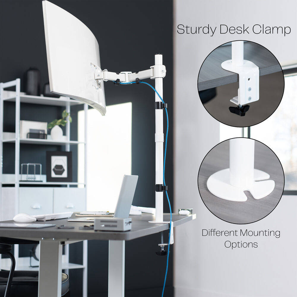 White Single Monitor Desk Mount Extra Tall Adjustable Stand for up to 32 Screen