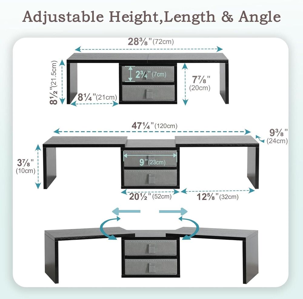 Adjustable Dual Monitor Stand Riser with 2 Drawers and 3 Shelves