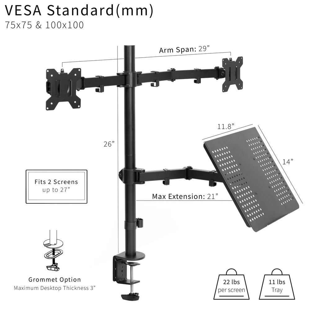 VIVO Dual 13 to 27 Monitor Mount with Laptop Holder, Tall Adjustable Stand