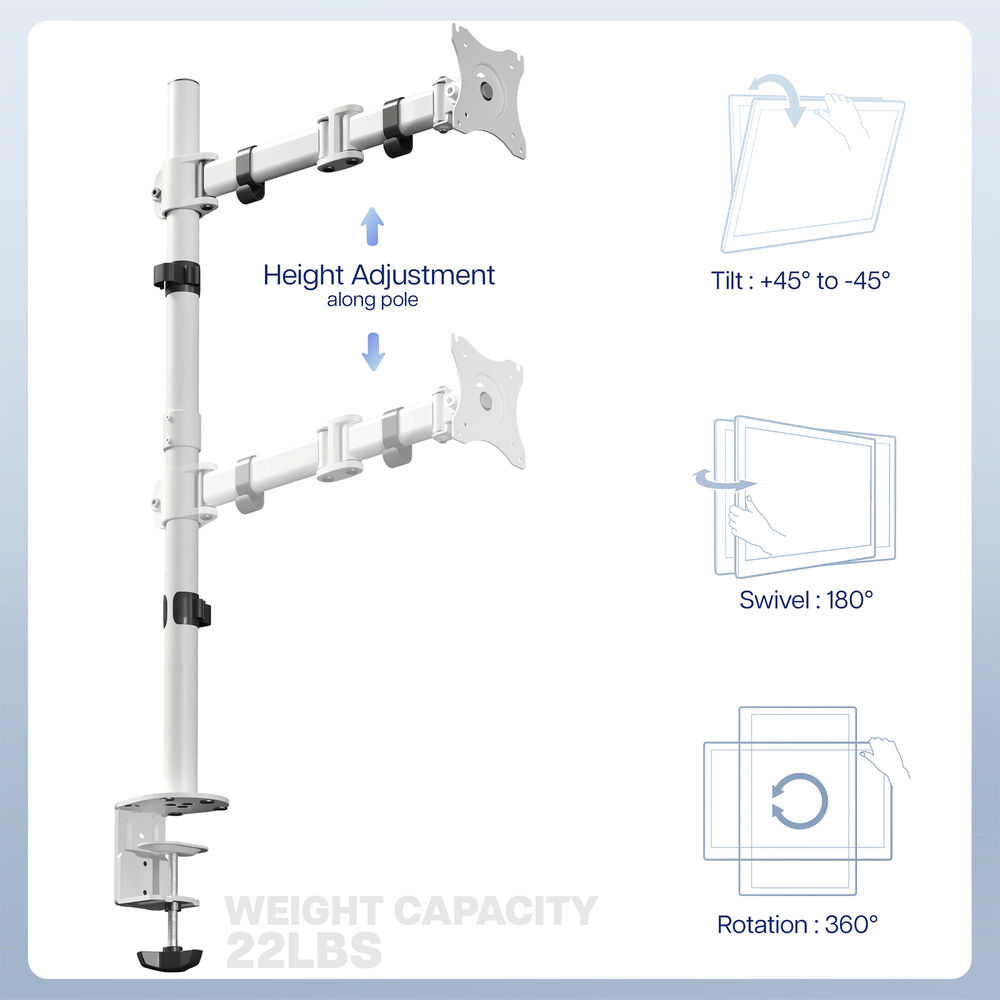White Single Monitor Desk Mount Extra Tall Adjustable Stand for up to 32 Screen