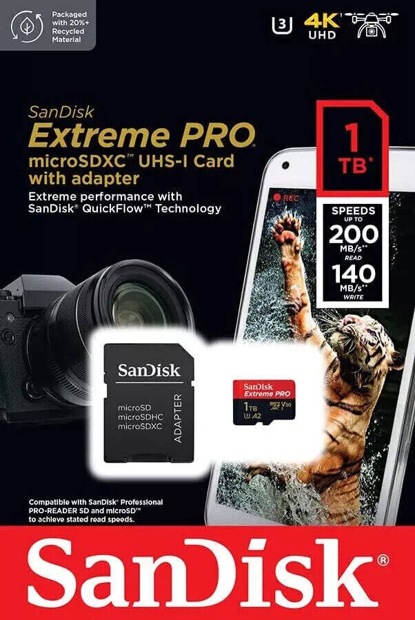 SanDisk Extreme Pro MicroSDXC UHS-I U3 A2 Memory Card with Adapter (256GB/512GB/1TB)