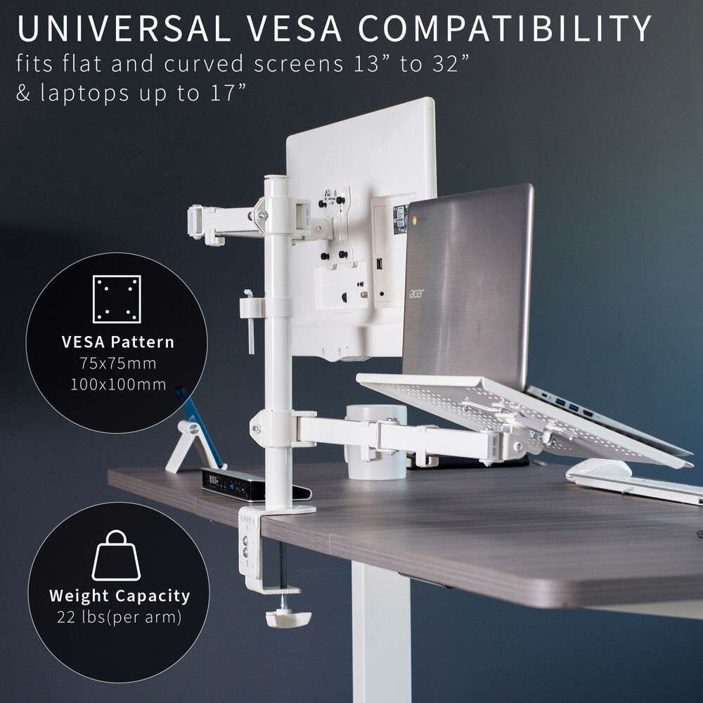 VIVO White Adjustable Laptop & Monitor Desk Mount Stand for Screens up to 32 Inches