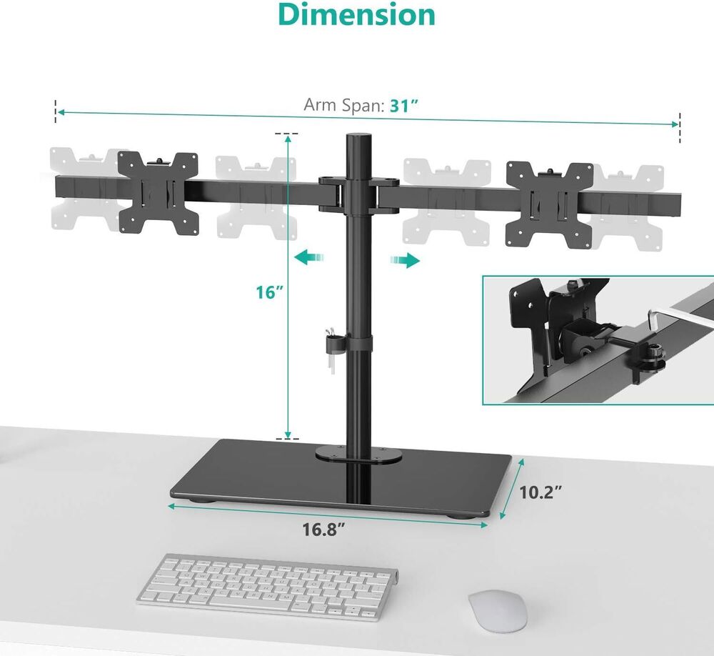 Height Adjustable Free Standing Dual Monitor Stand with Glass Base