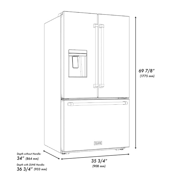 ZLINE 36 in. Black Stainless Steel French Door Refrigerator with Dual Ice Maker