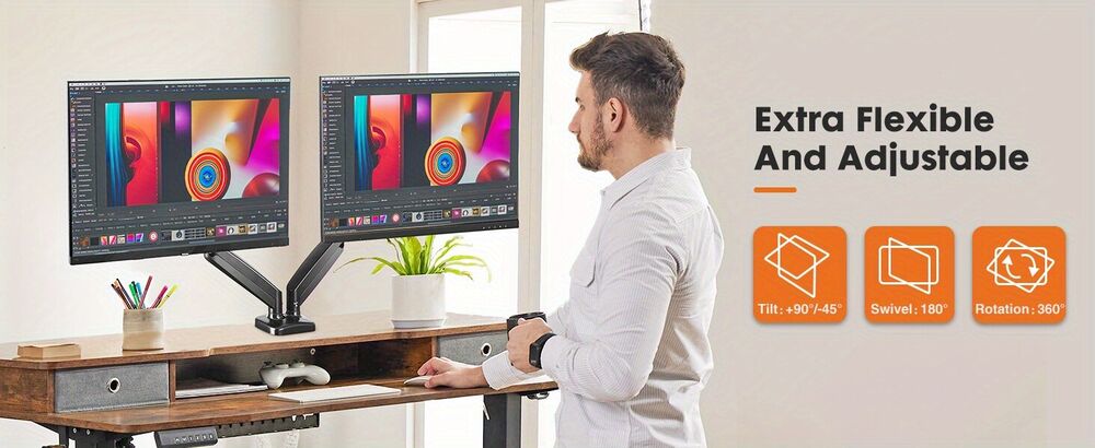 Ergonomic Dual Monitor Stand with 360° Swivel and C-Clamp Mount