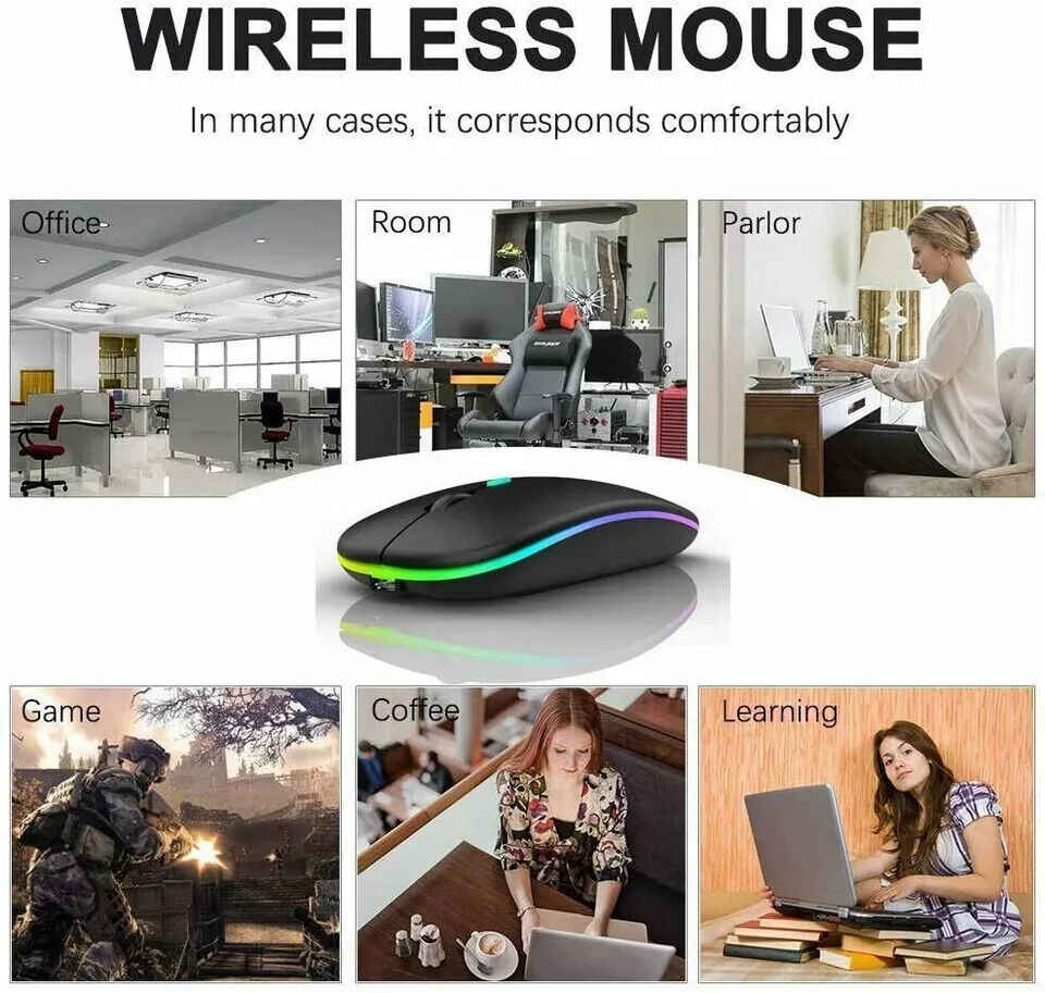 2.4GHz Wireless Optical Mouse with USB Rechargeable and RGB for PC and Laptop